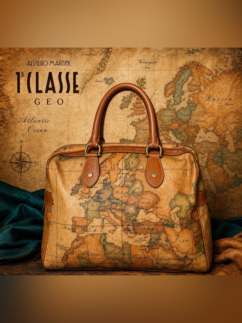 Alviero Martini Map-Print Satchel in Tan and Olive